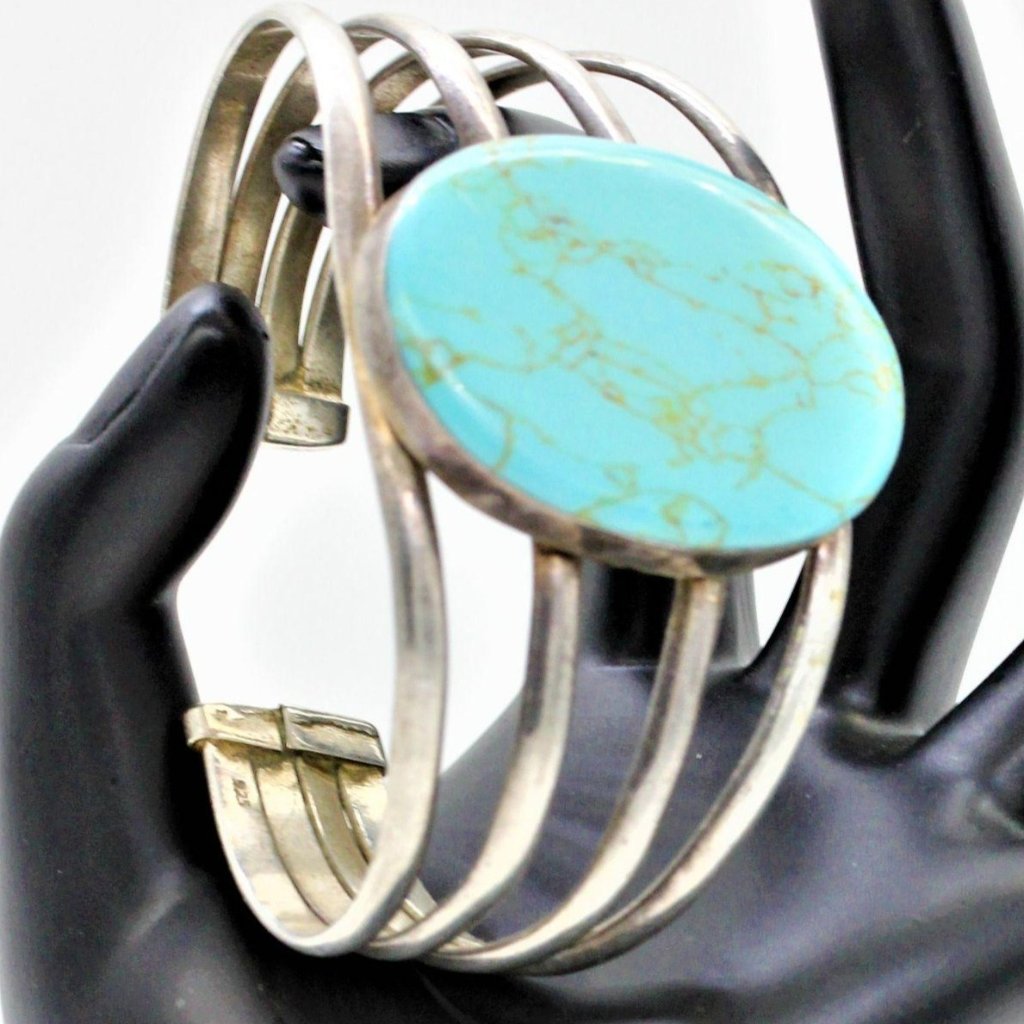 925 Sterling Silver Taxco Turquoise Cuff Bracelet Vintage Huge 49.5 Grams
